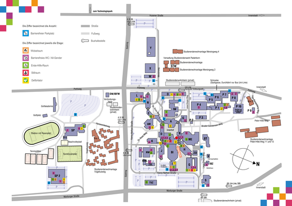 Lageplan der Gebäude auf dem Hauptcampus der Universität Paderborn